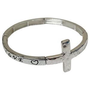 Cross Bracelet with Faith Hope Love Inscription Heart Silver Affirmation Bangle